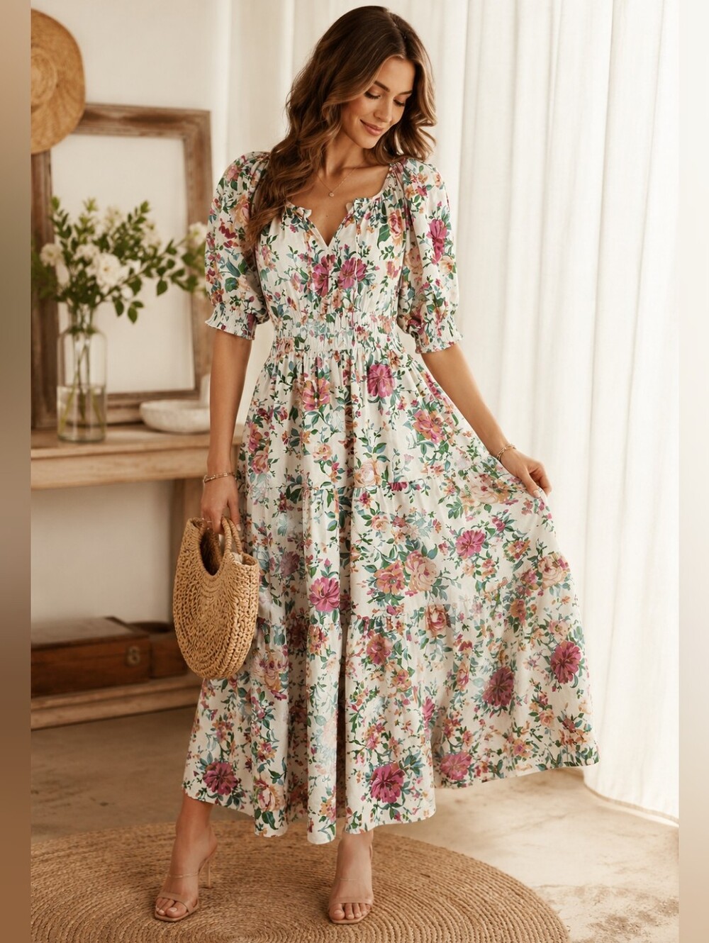 Anthropologie Cream Floral Maxi Dress with Pink and Green Bouquet Print
